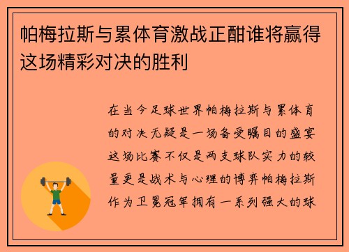 帕梅拉斯与累体育激战正酣谁将赢得这场精彩对决的胜利